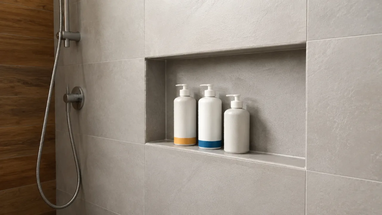 Shower niche 60 × 30 cm pada dinding kamar mandi berkeramik abu-abu